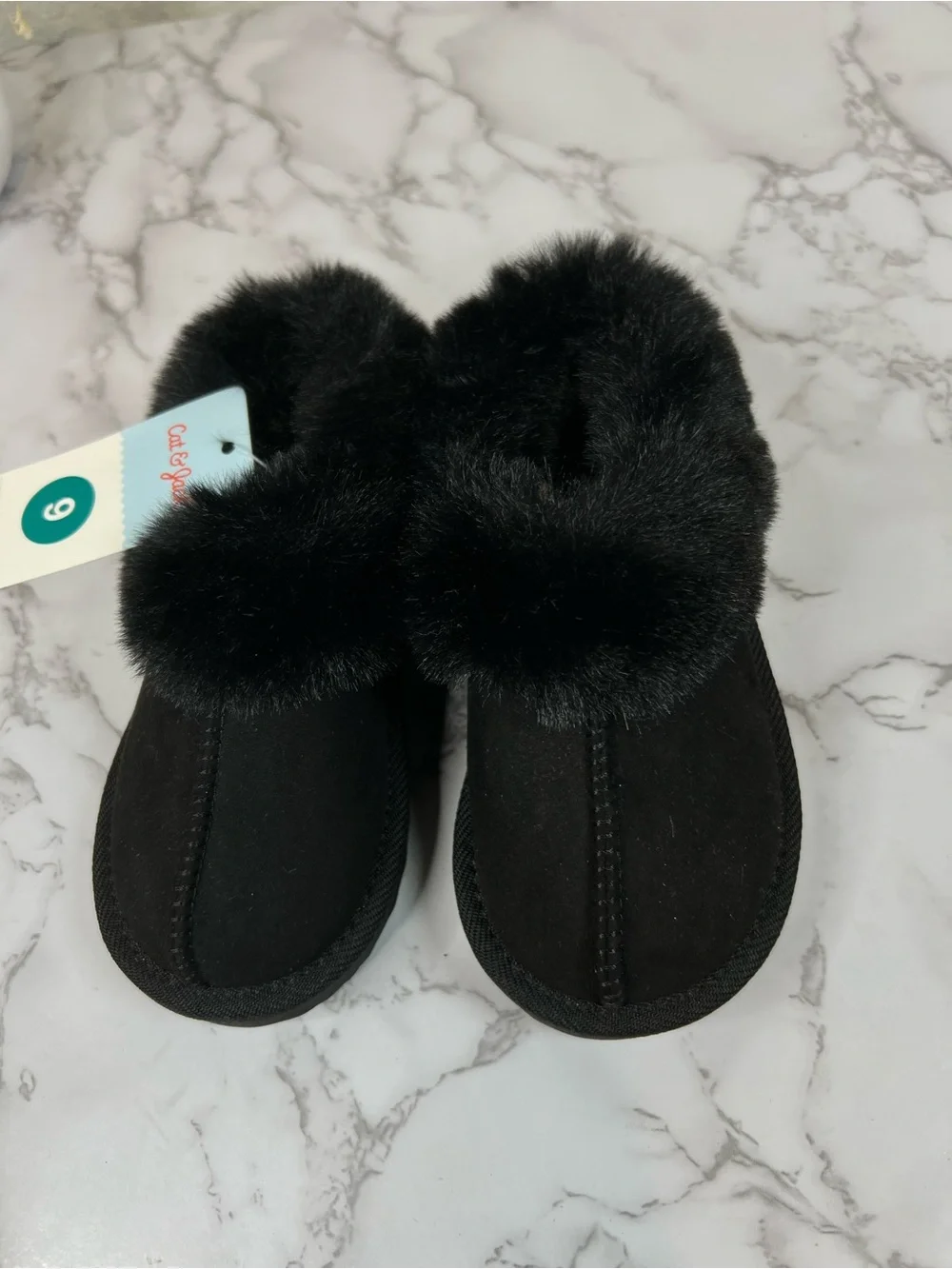Cat & Jack  Kids Black Faux Fur Slip-On Bootie Slippers Size 9
